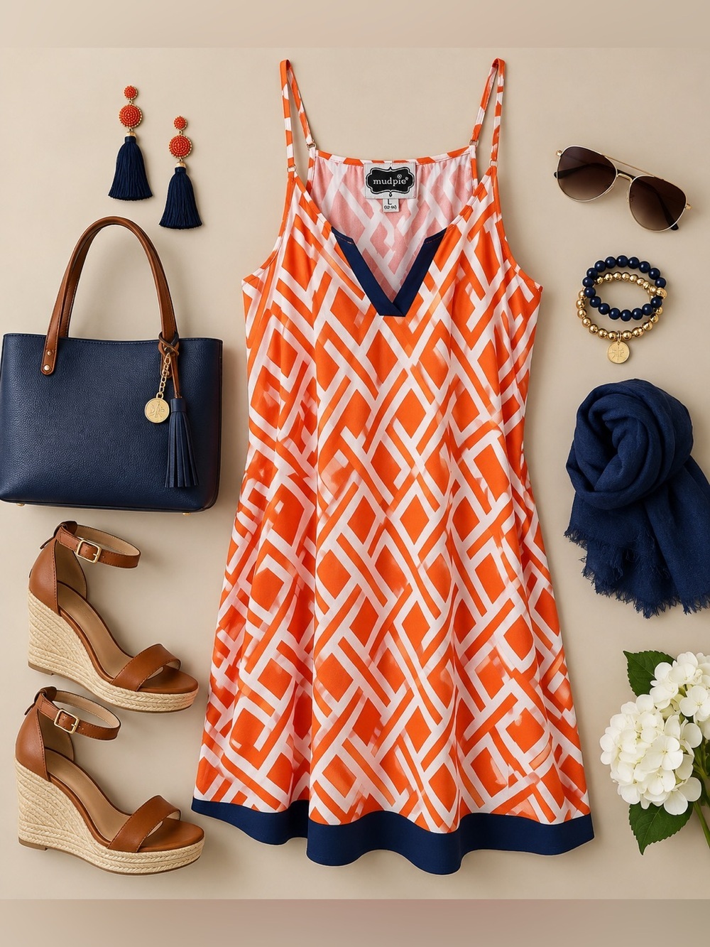 Mud Pie Orange White Geometric Dress Navy Trim